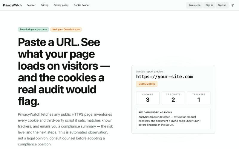 PrivacyWatch — Cookie + Tracker Scanner · PrivacyWatch — screenshot