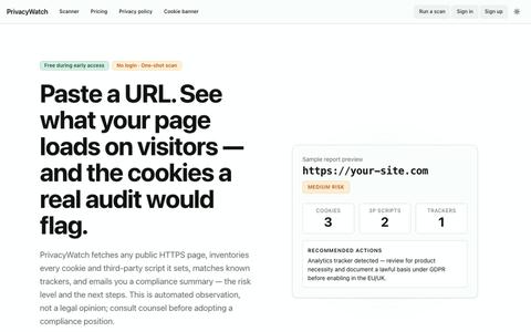 PrivacyWatch — Cookie + Tracker Scanner · PrivacyWatch — screenshot