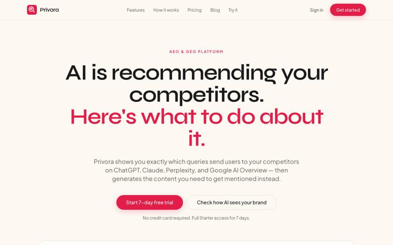 Privora – AEO & GEO Tool with Content Recommendations | ChatGPT, Claude, Perplex — screenshot