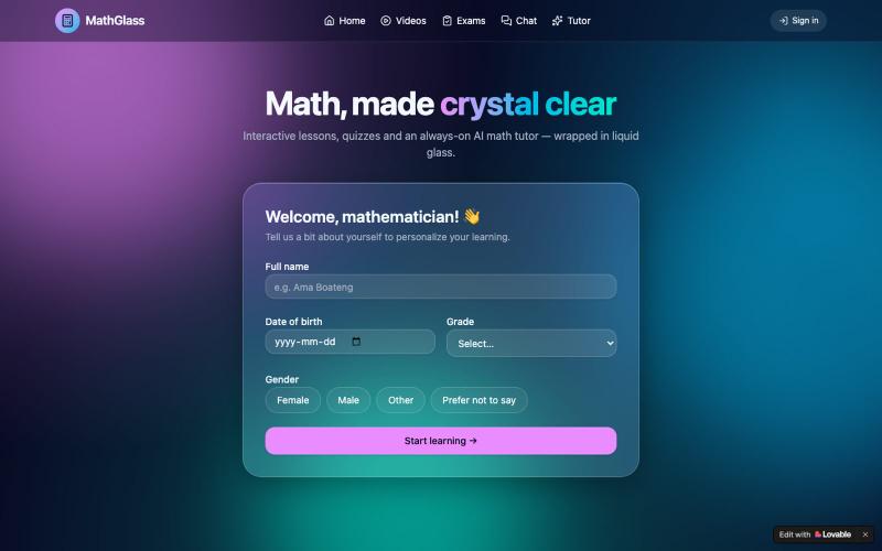 MathGlass — Learn math with a glassy AI tutor — screenshot