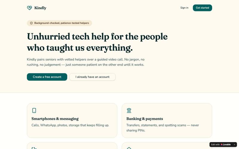 Kindly — Patient Tech Help for Seniors, On Demand — screenshot