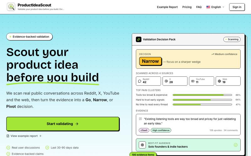 ProductIdeaScout | Validate Product Ideas with Evidence — screenshot
