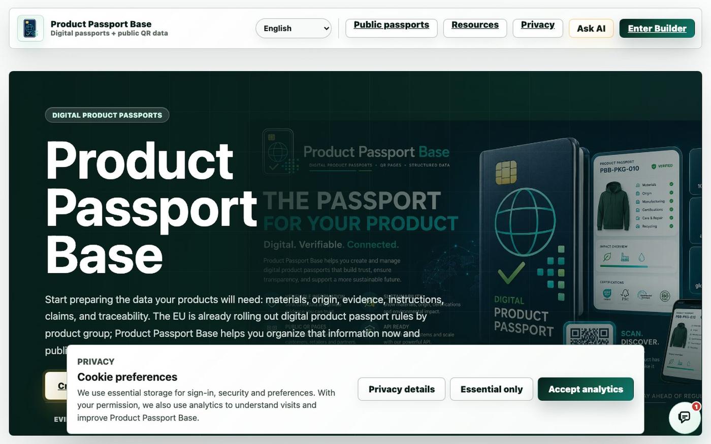 Product Passport Base | Digital Product Passports, QR Pages & API — screenshot