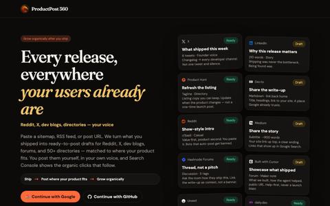 ProductPost 360 — Grow organically after you ship — screenshot