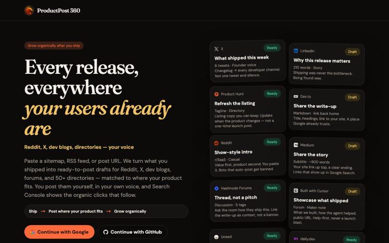 ProductPost 360 — Grow organically after you ship — screenshot