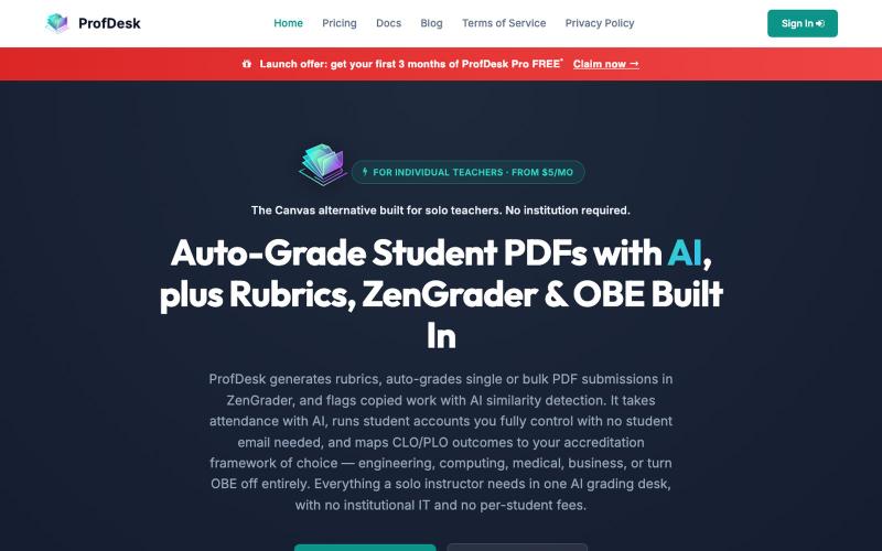AI Grading, Similarity Detection, Rubrics & OBE for Teachers · ProfDesk — screenshot