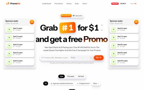 PromoBid — the top spot costs $1 right now — screenshot