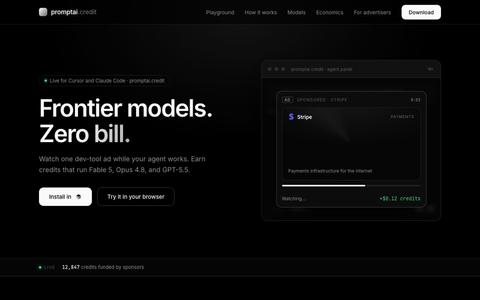 promptai.credit | Frontier models, on credits — screenshot