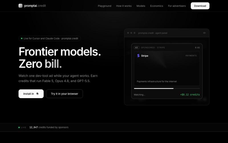 promptai.credit | Frontier models, on credits — screenshot
