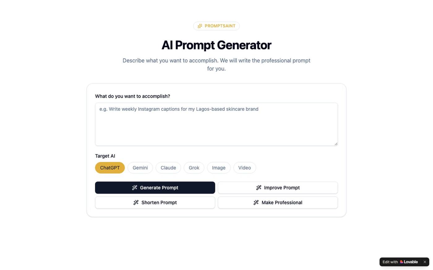PromptSaint AI Prompt Generator — PromptSaint — screenshot