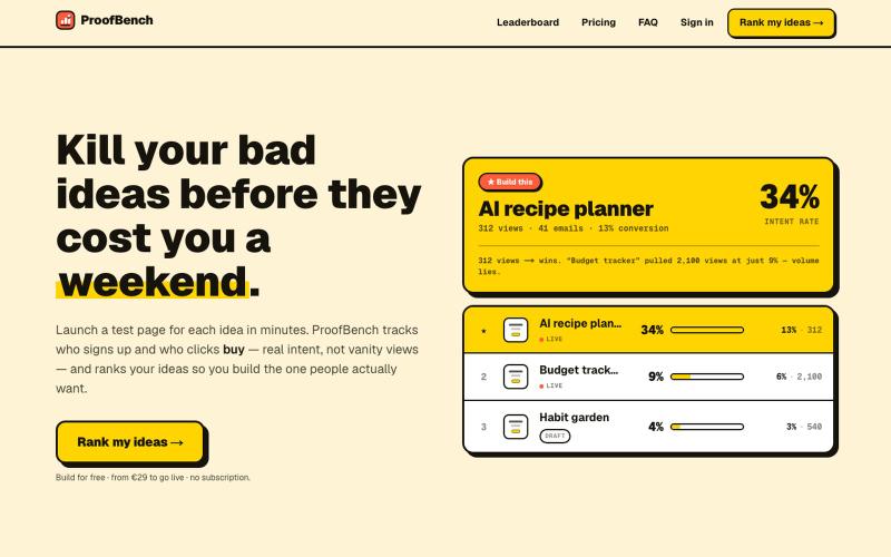 ProofBench — Know which idea to build, before you build it — screenshot