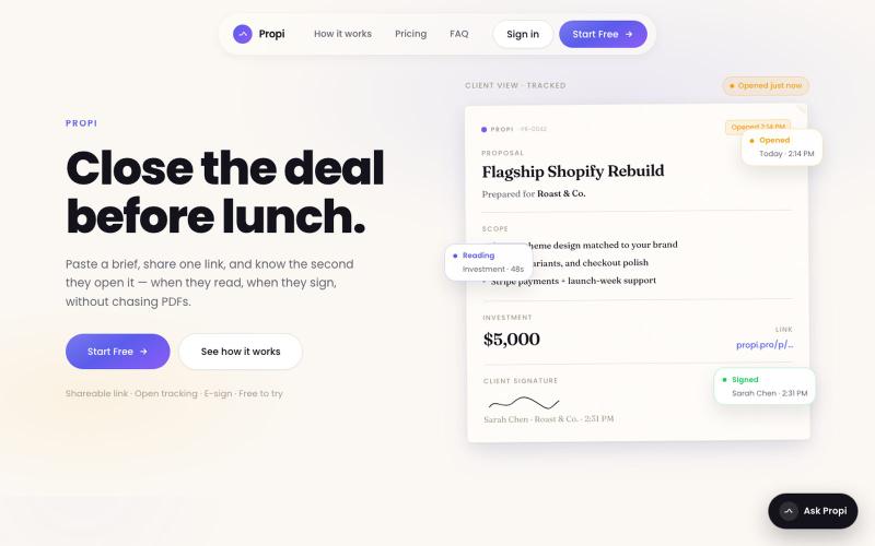 Propi — Close clients in minutes, not days — screenshot