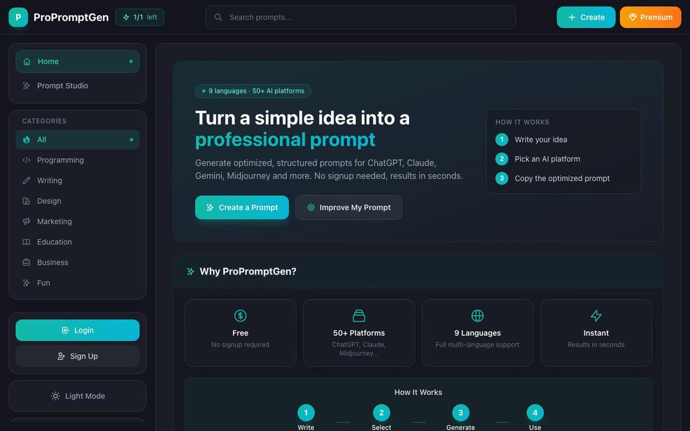Free AI Prompt Generator - Create ChatGPT Claude Gemini Prompts Online | ProProm — screenshot