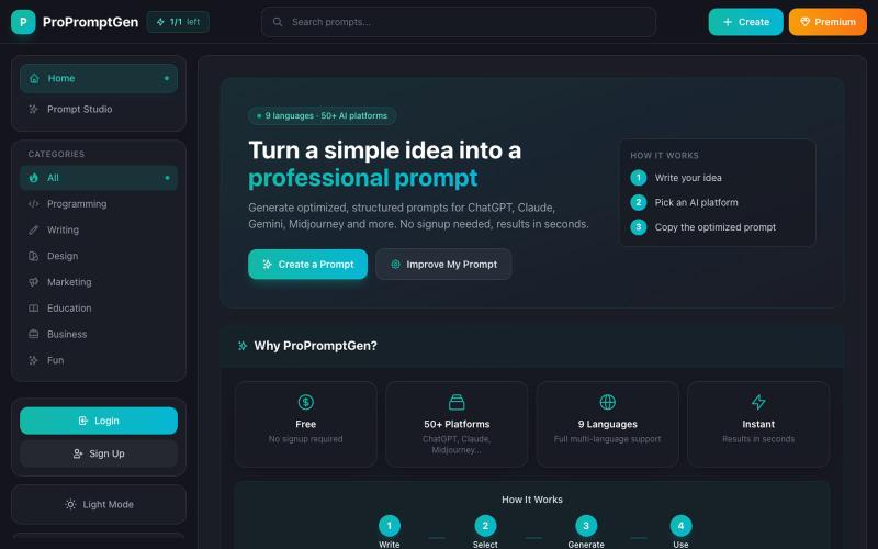 Free AI Prompt Generator - Create ChatGPT Claude Gemini Prompts Online | ProProm — screenshot