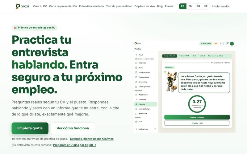 Practica tu entrevista de trabajo con IA | ProxiCoach — screenshot