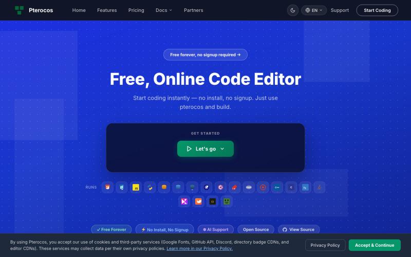 Pterocos | Online Code Editor - Pterocos.eu.org — screenshot