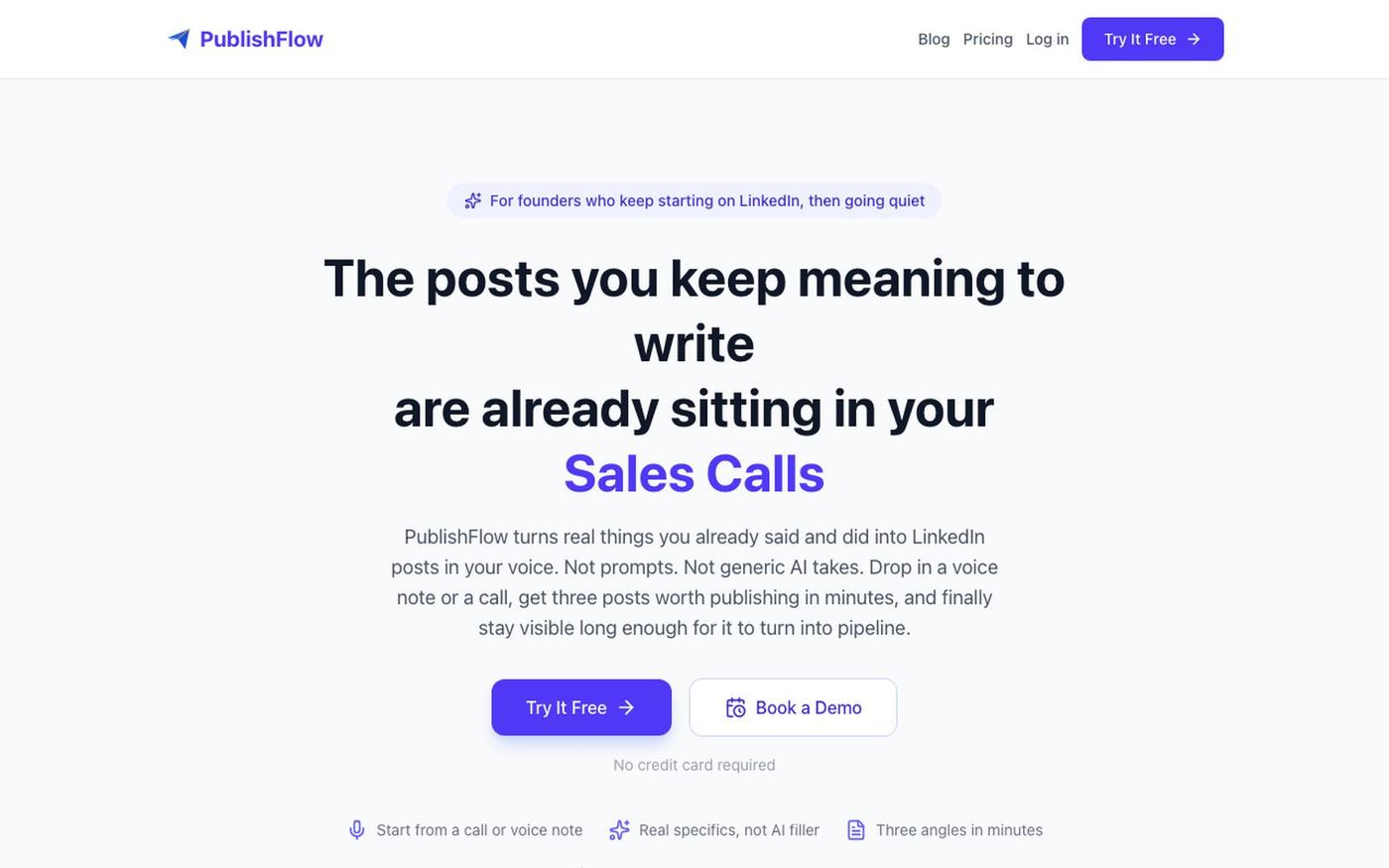 PublishFlow | LinkedIn Posts From Your Calls & Voice Notes — screenshot