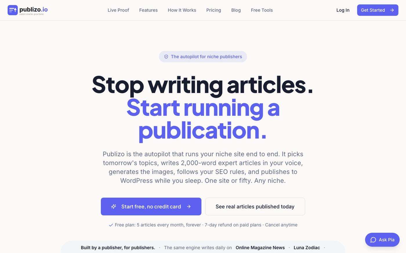 Publizo, the autopilot for niche publishers and SEO sites — screenshot