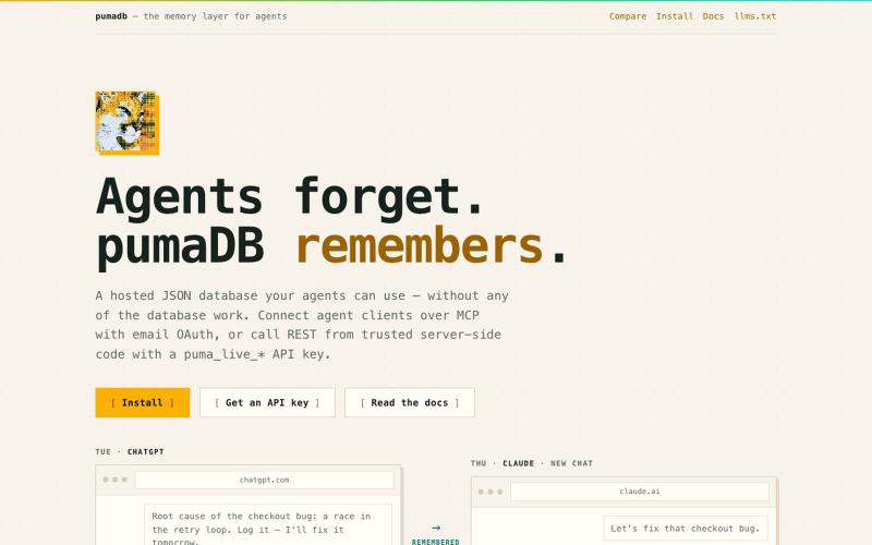 pumaDB — agent memory without the database work — screenshot