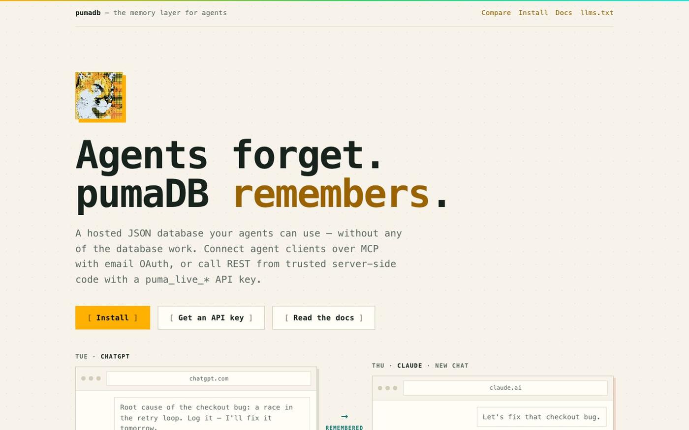 pumaDB — agent memory without the database work — screenshot