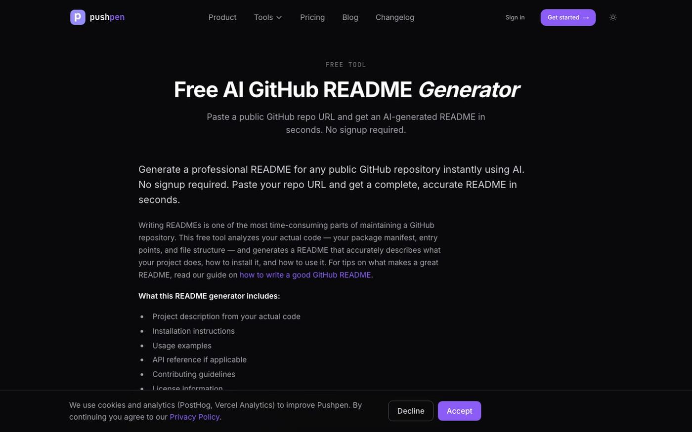 Free GitHub README Generator — AI-Powered | Pushpen — screenshot