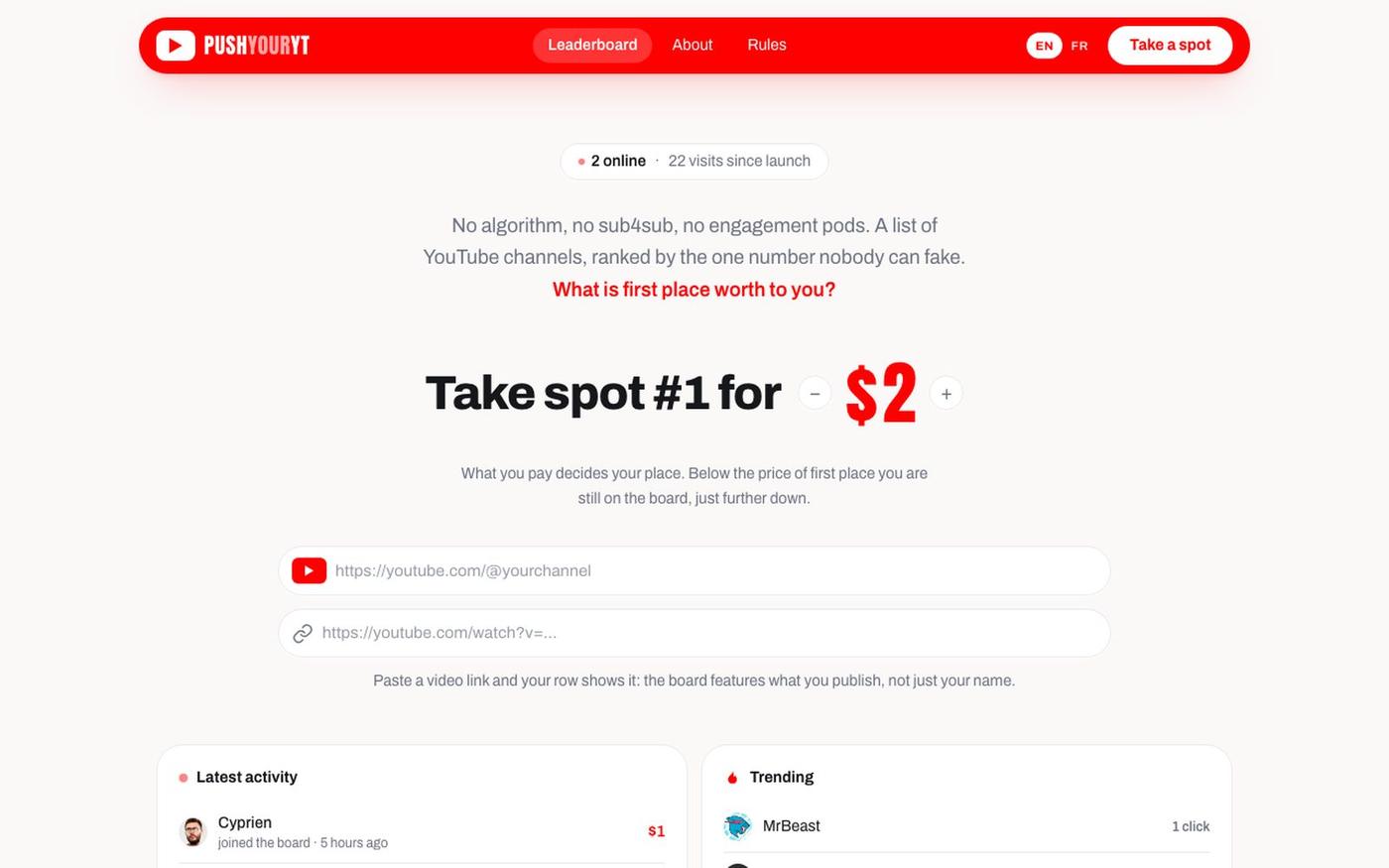 PushYourYT — the YouTube leaderboard you can buy into — screenshot