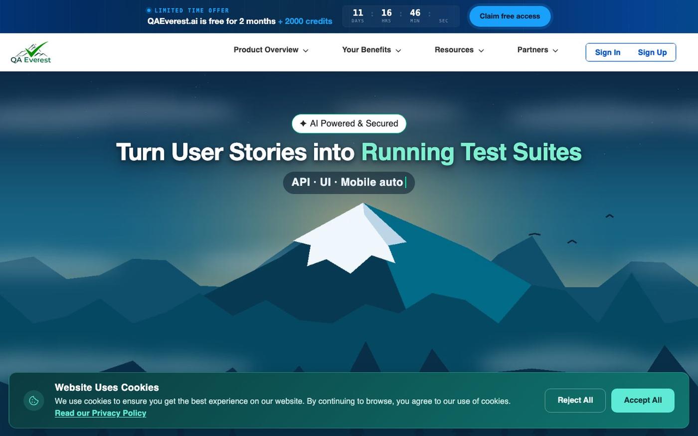 AI Test Case Generation & QA Automation Platform | QAEverest — screenshot