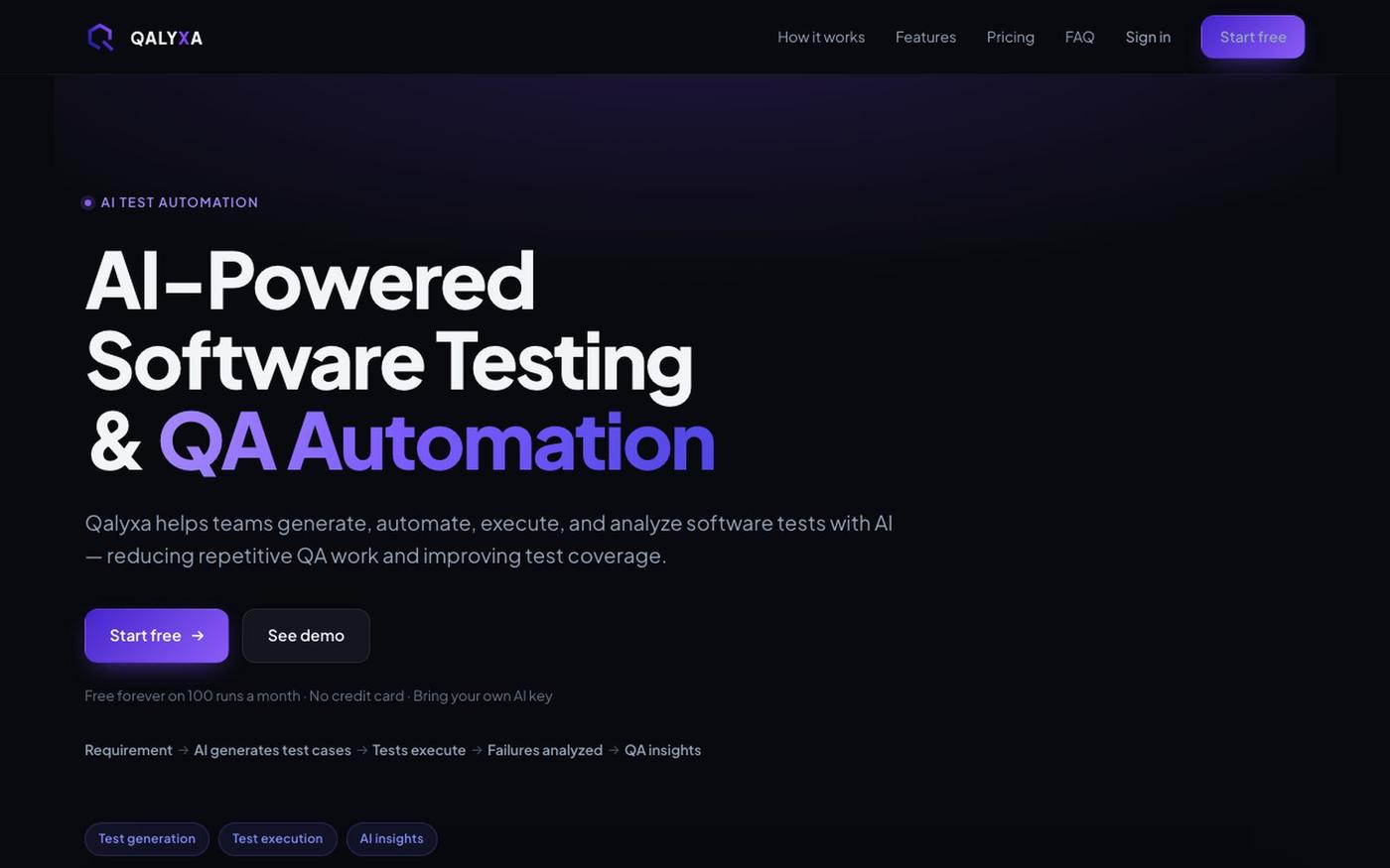 Qalyxa — AI-Powered Software Testing & QA Automation — screenshot