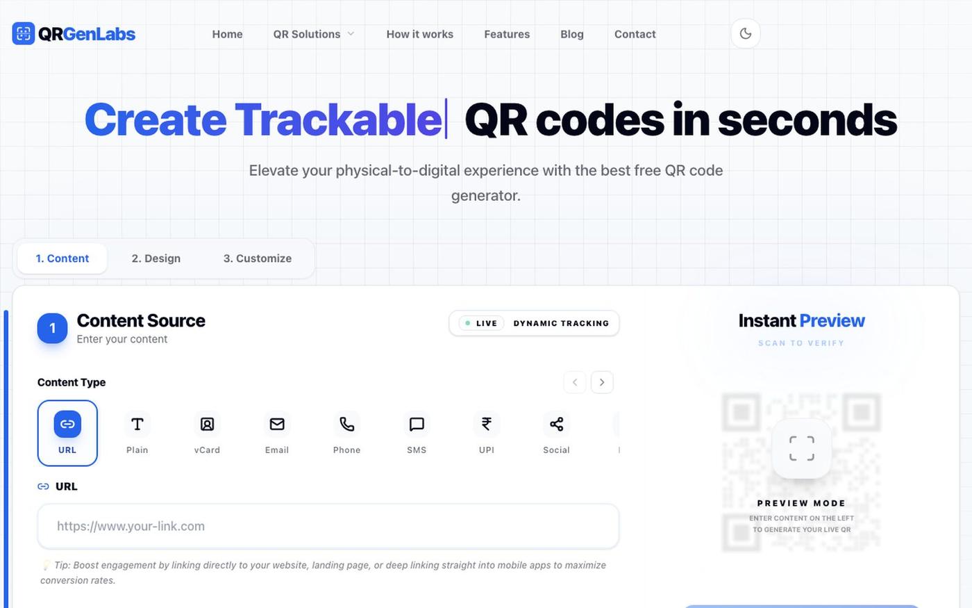 Free QR Code Generator — Create, Track and Customise | QRGenLabs — screenshot