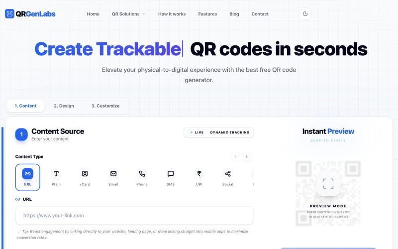 Free QR Code Generator — Create, Track and Customise | QRGenLabs — screenshot
