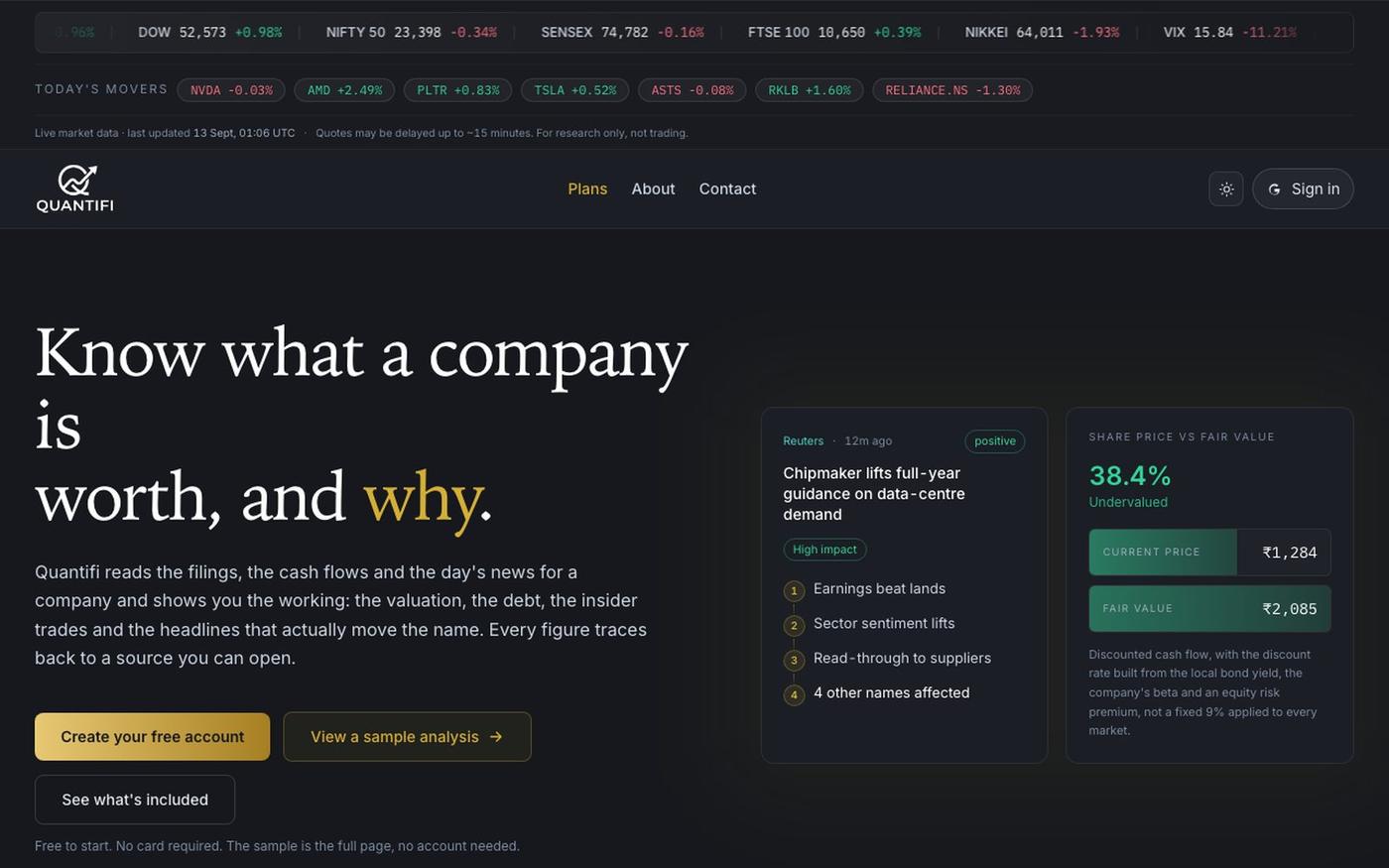 Quantifi · Stock Research, Portfolio Analysis & Market Theme Intelligence — screenshot