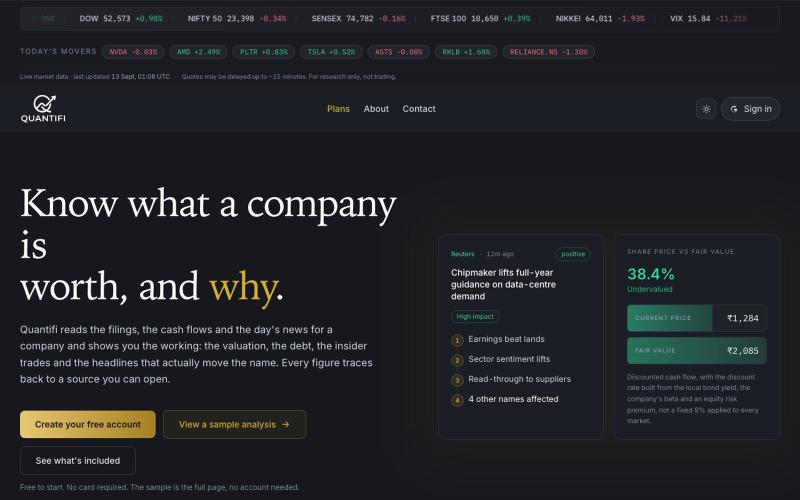 Quantifi · Stock Research, Portfolio Analysis & Market Theme Intelligence — screenshot