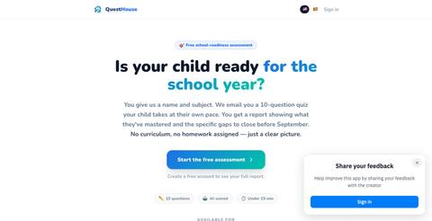Free AI Assessment — Find Your Child's Strengths & Gaps | QuestHouse — screenshot
