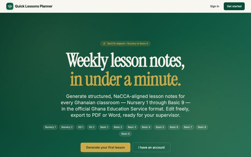 Quick Lesson Planner — NaCCA-aligned weekly notes for Ghana teachers — screenshot