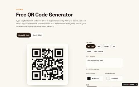 Free QR Code Generator — No Signup, Custom Colors & Logo | QuickQR — screenshot