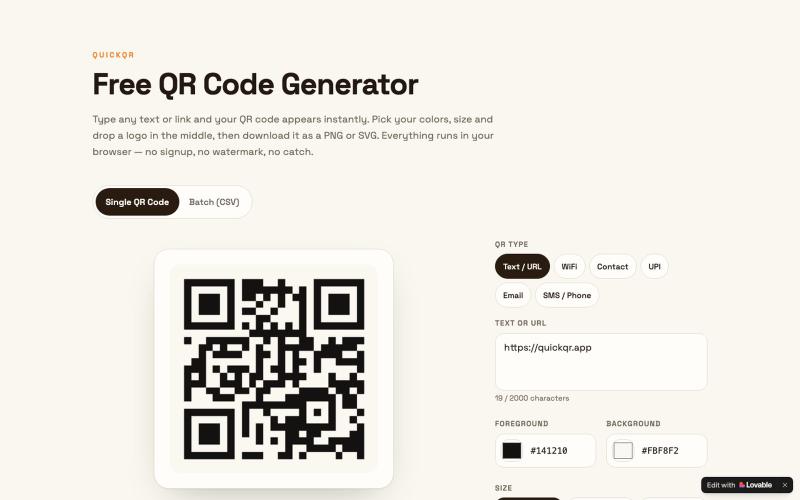 Free QR Code Generator — No Signup, Custom Colors & Logo | QuickQR — screenshot