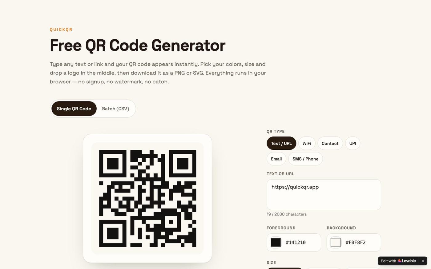 Free QR Code Generator — No Signup, Custom Colors & Logo | QuickQR — screenshot