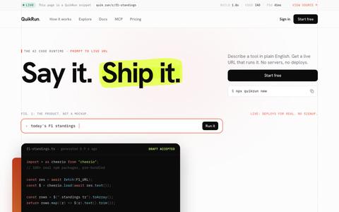 QuikRun · Say it. Ship it. — screenshot