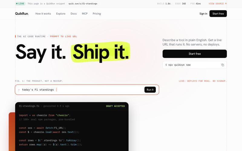 QuikRun · Say it. Ship it. — screenshot