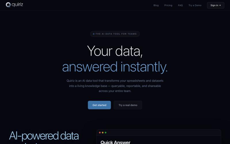 AI Data Tools for Teams | Quiriz — Your Data, Answered Instantly — screenshot
