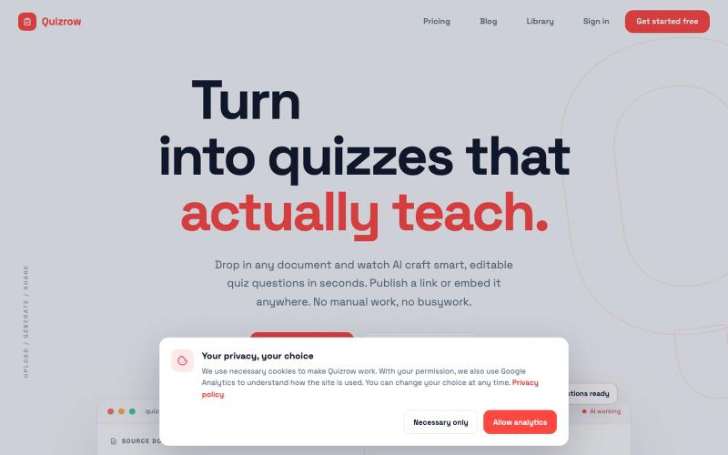 Quizrow | AI Quiz Generator from Documents — screenshot