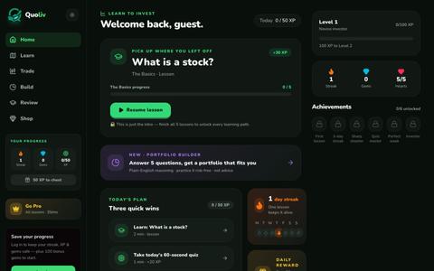 Quoliv · Learn investing, zero risk — screenshot