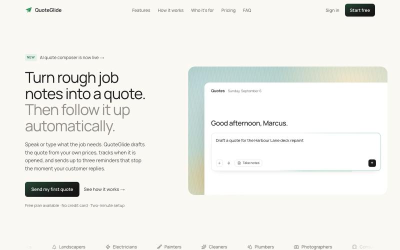 AI Quote & Follow-Up Software for Trades | QuoteGlide — screenshot