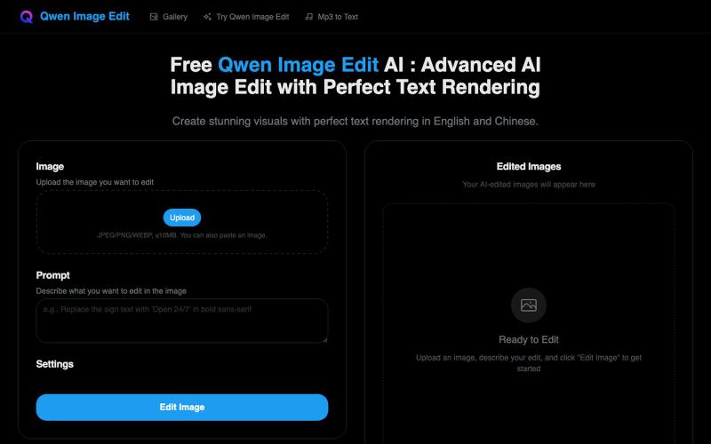 Advanced AI Image Generation with Perfect Text Rendering | Qwen Image Edit AI — screenshot