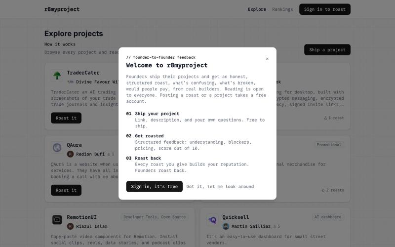 r8myproject - Get your project roasted by founders — screenshot