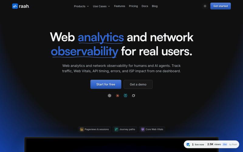 Raah | Web Analytics & Network Observability Platform — screenshot