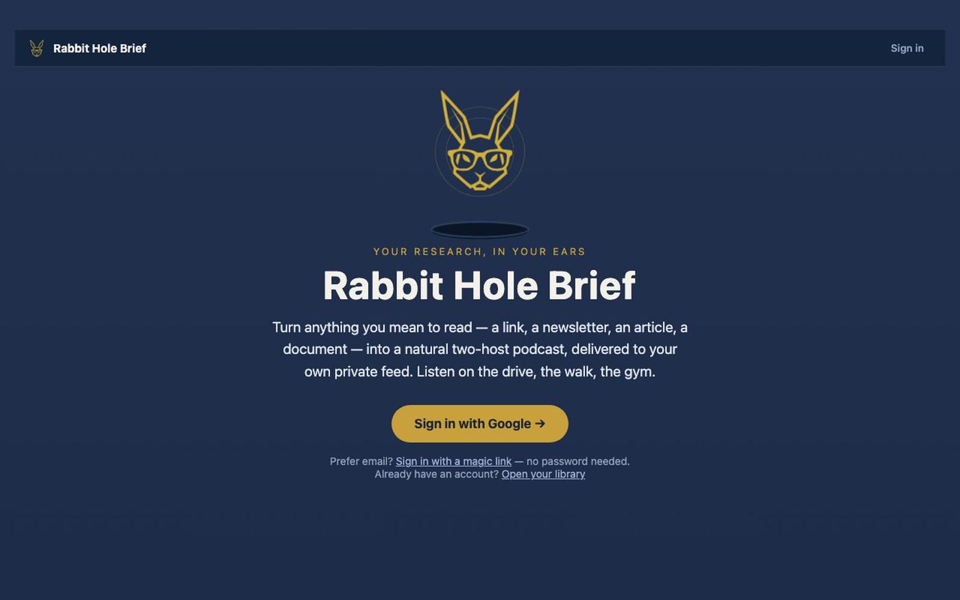 Rabbit Hole Brief — turn anything you read into a podcast — screenshot