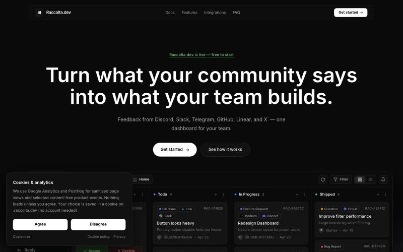Raccolta.dev — Smart Feedback Solutions for Discord, Slack, GitHub & Linear — screenshot