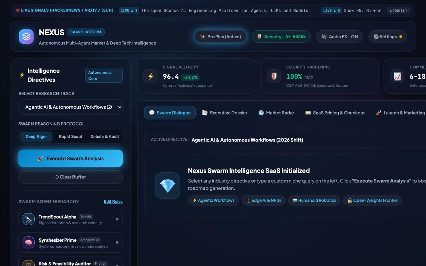 Nexus Swarm AI | Multi-Agent Market Intelligence SaaS — screenshot