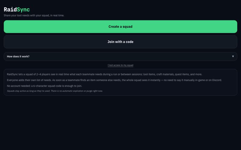 RaidSync — Share Your Squad's Loot Needs in Real Time — screenshot